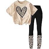RoseSeek Girl's 2 Piece Leopard Cheetah Outfits Short Sleeve Heart Graphic Tees and Skinny Leggings Sets