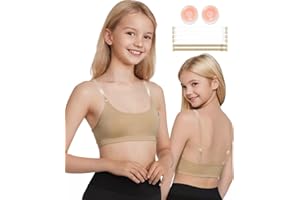DANSHOW Girls Dance Bra Seamsless Nude Bras for Teens Girl with 2 Pairs of Clear Straps, Silicone Pads