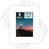 Mat Board Center, Double Mat - Acid Free, 8-ply Thickness, White Core - for Pictures, Photos, Framing (White Over White, 8x10 for 5x7, Pack of 5)
