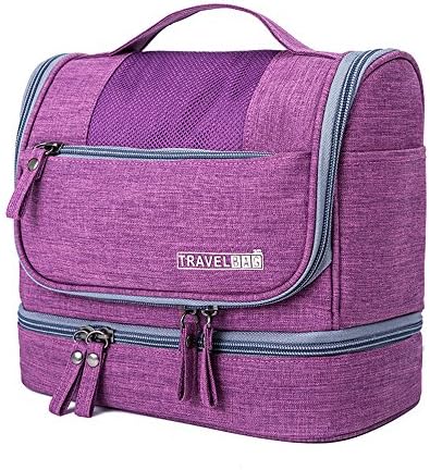 Hanging Toiletry Bag Waterproof Polyester Organizer for men and women Dry Wet Separation Portable Cosmetics Bag for Traveling and camping (Purple)