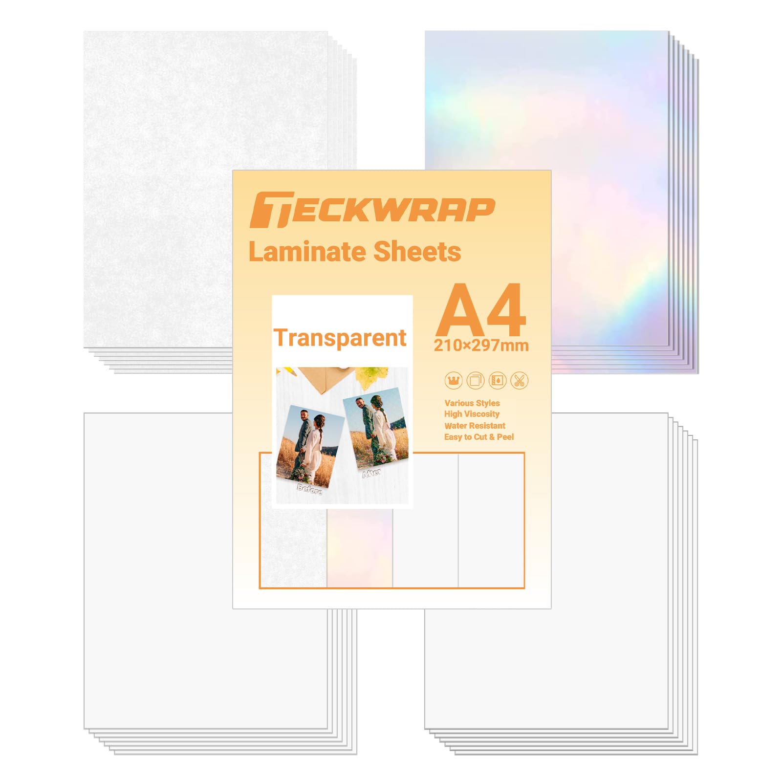 TECKWRAP Holographic Sticker Paper Clear Overlay Lamination Vinyl Laminate Sticker Film A4 210mm x 297mm 28 Sheets/Pack for Craft, Scrapbooking, Craft Cutters (Rainbow,Glossy,Matte,Glitter)