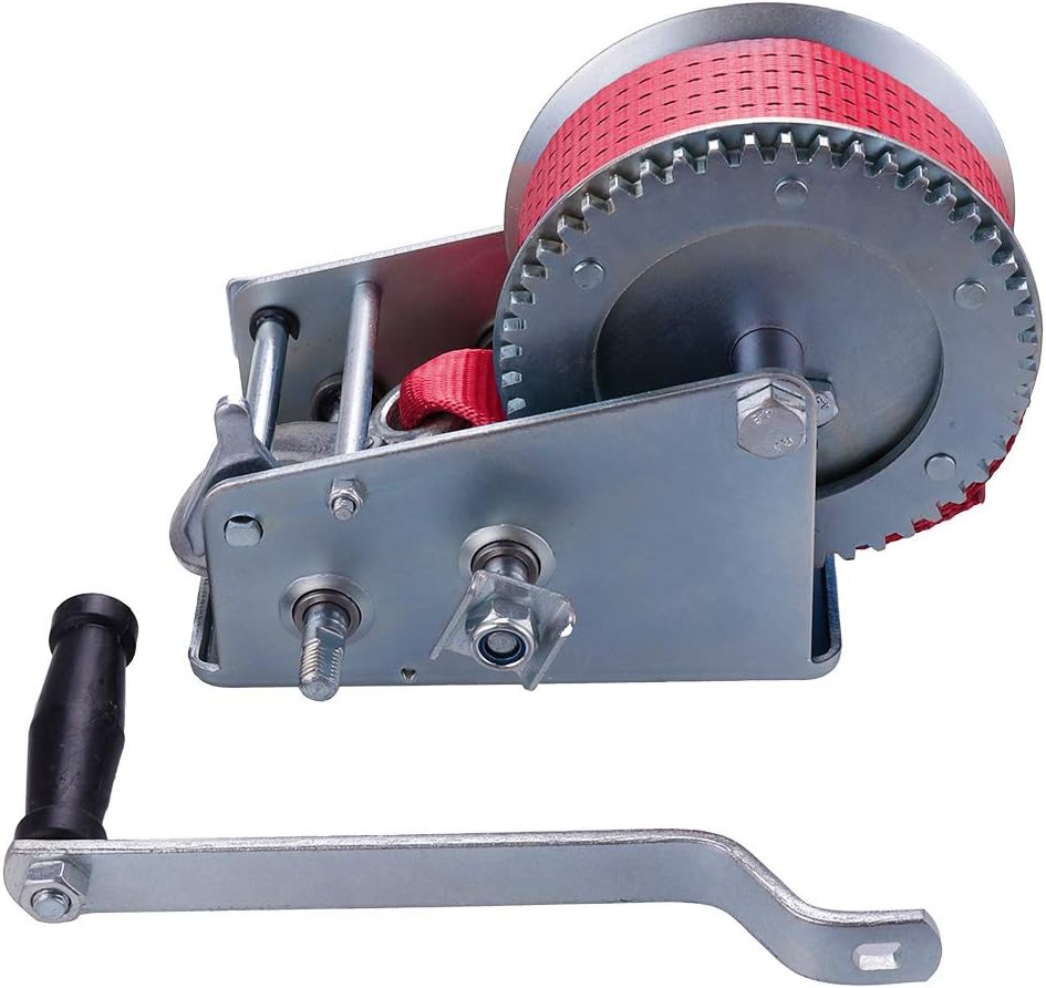 3500lbs Capacity Heavy Duty Hand Winch, 7m(23ft) Nylon Strap 2 Gear Manual Hand Crank for ATV Boat Trailer Truck Auto, Red