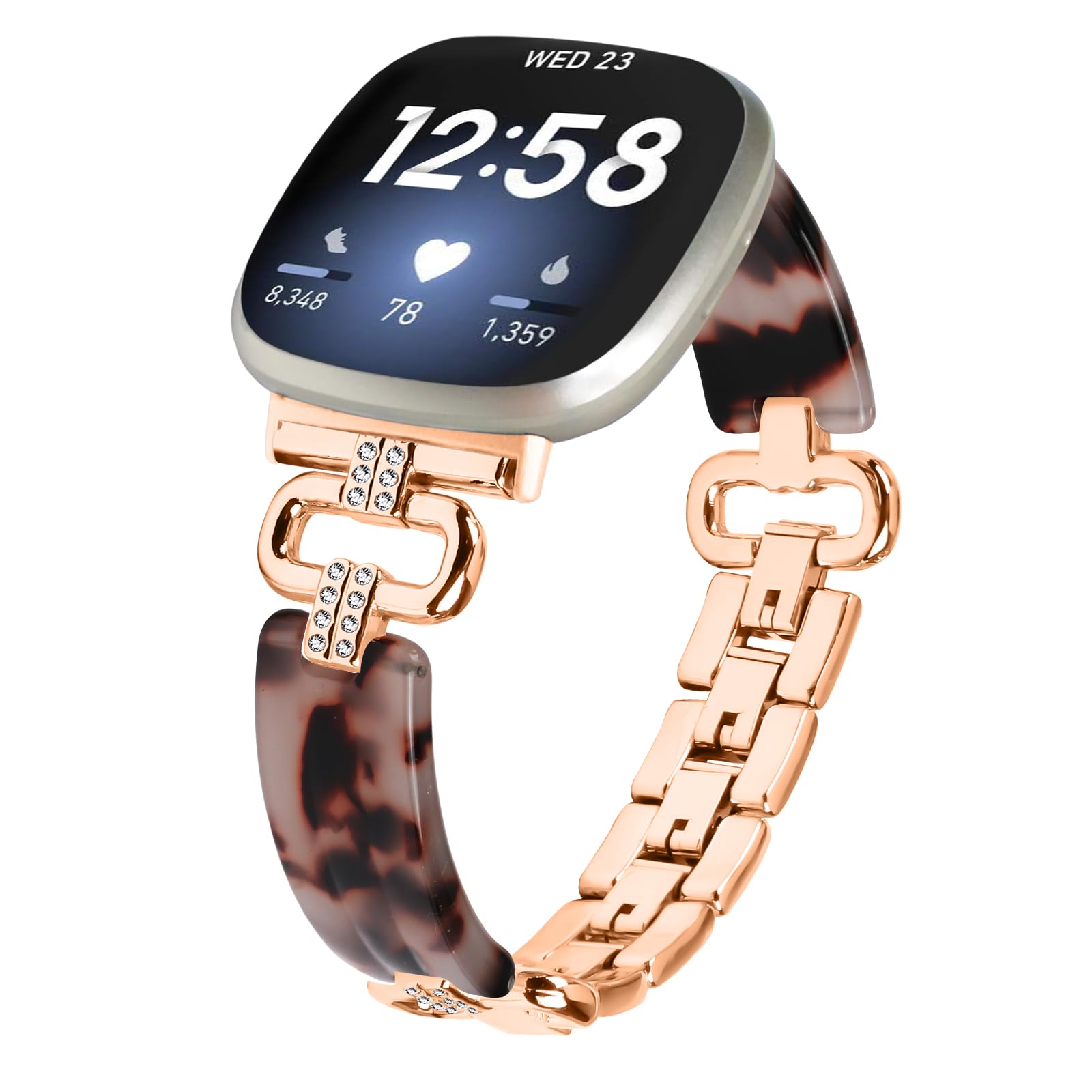 Miimall Alloy Resin Strap for Fitbit Versa 4/Versa 3/Fitbit Sense 2/Sense Band, Bling Rhinestone Wristband, No Gap Metal Band for Fitbit Versa 4, Adjustable Replacement Strap for Women Girl-Rose Gold