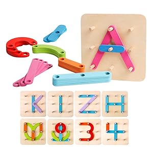 kizh Wooden Letter and Number Construction Activity Set Educational Preschool Toys Shape Color Recognition Pegboard Sorter Set Board Blocks Stack Sort for Toddler Kids Boys Girls Non-Toxic Toy