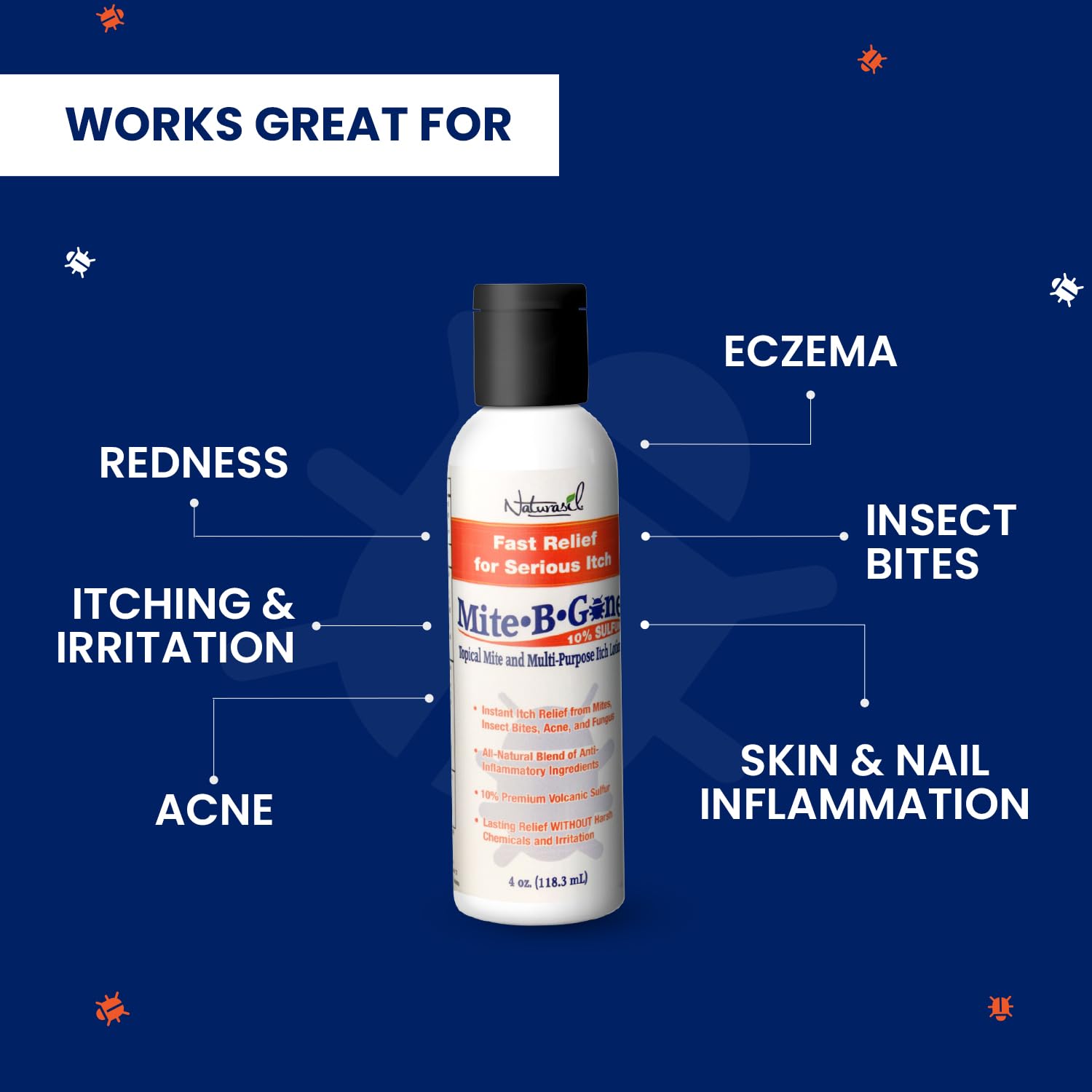 All-Natural Itch Relief by Mite-B-Gone - Sulfur Lotion Treatment for Acne, Bug Bites, Skin Redness & Itching, Discomfort & Rosacea | Safe for Kids and Adults| Fast & Effective for All Skin Types| 4 oz