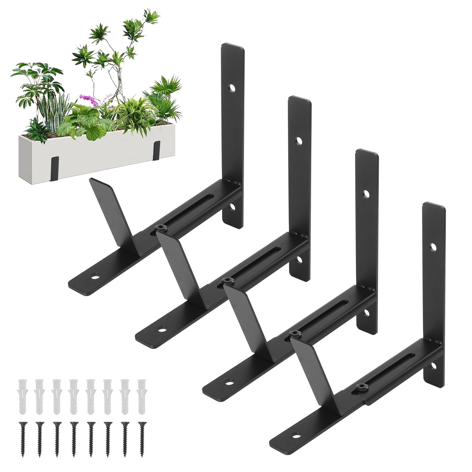Fippy Adjustable Window Planter Box Brackets (6-12 inch), Outdoor Flower Box Holder Brackets for Wall, Railings, Ledge, Balcony (Black)