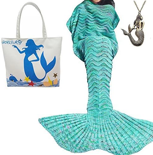 URSKY Crochet Knitted Sofa Living Room Mermaid Tail Blanket, Cozy and Soft All Season Mermaid Tail Pattern Throw Sleeping Bag For Adult, Teens and Child,71x35.5 Wave Blue New by URSKY