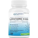 Puregen Labs Allergy Relief, Loratadine 10mg, 300 Tablets for Runny Nose | Sneezing, Itchy Watery Eyes, 24 Hour Non-Drowsy Antihistamine Allergy Medicine for Runny Nose, Allergy Loratadine Pills