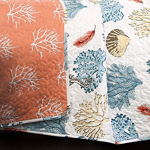 Lush Decor 7 Piece Coastal Reef Feather Quilt Set, King, Blue & Coral