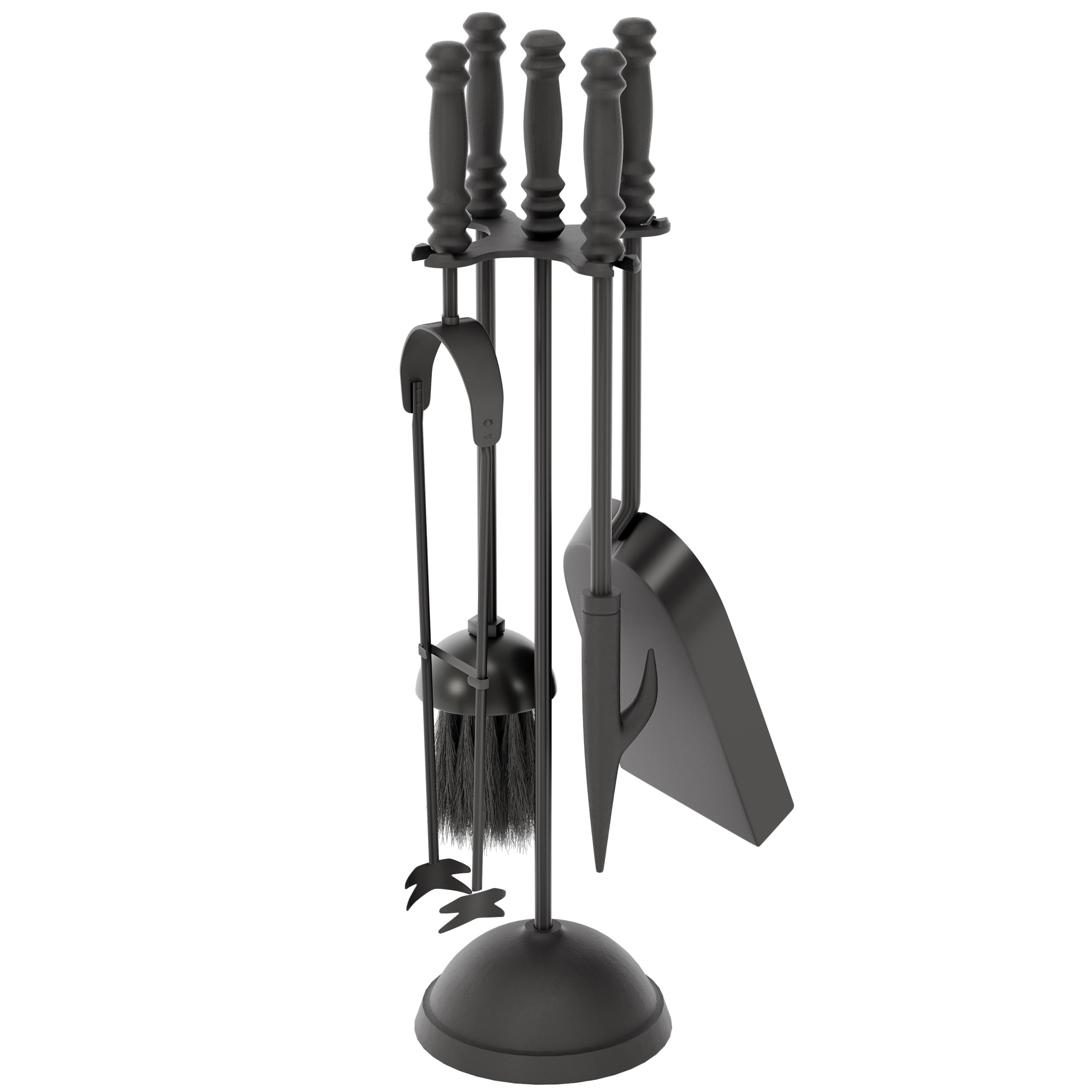 Fire Vida 5 Piece Malham Fireplace Companion Set - Black Steel Fireside Tool Kit with Stand - Includes Poker, Tongs, Brush & Shovel - Ideal for Fireplaces, Wood Burners & Fire Pits