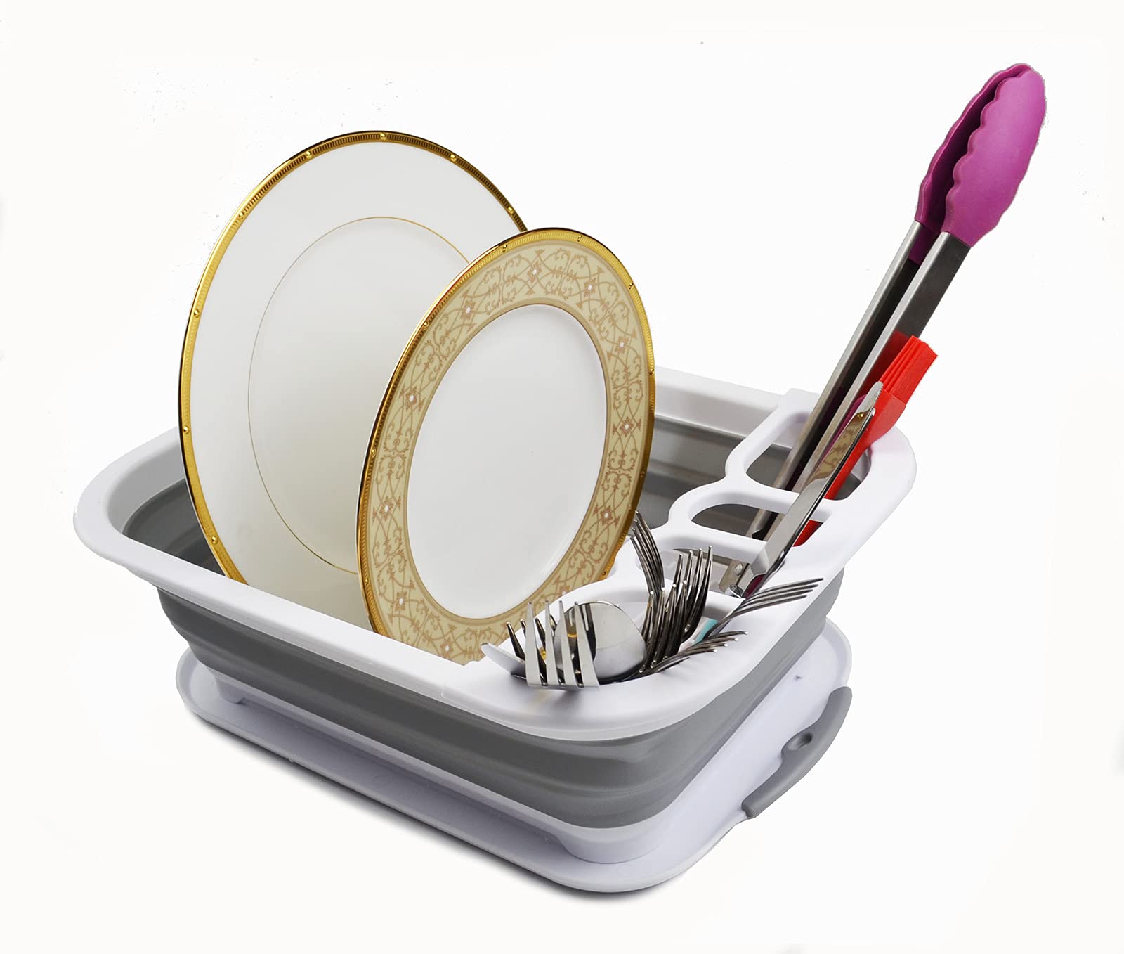 SAMMART Collapsible Plastic Dish Drainer with Drainer Board - Foldable Drying Rack Set - Portable Dinnerware Organizer - Space Saving Kitchen Storage Tray (1, White/Grey)