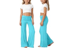 Coral Fold Over Pants Girls Wide Leg Flared Leggings Low Rise Lounge Pants Kids Y2K Palazzo Bottoms for Yoga Dance Loungewear
