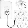 Large Adhesive Hooks for Hanging Heavy Duty Wall Hooks 22 lbs Self Adhesive Towel Waterproof Transparent for Bags Bathroom Shower Outdoor Kitchen Cups Door Coat Sticky Hooks (Transparent, 16pcs)