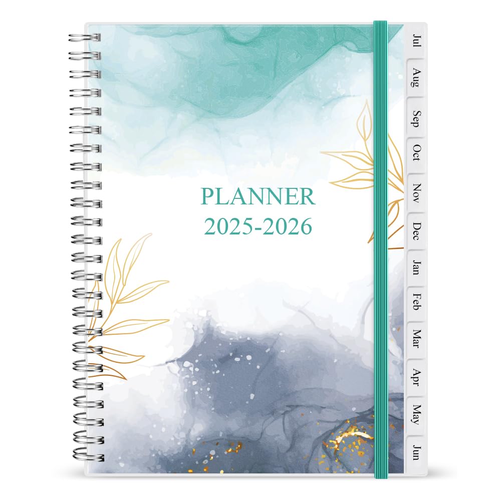 2025-2026 Diary, July 2025 - June 2026, A5 Weekly Planner with 12 Monthly Tabs, Back Pocket, Planner 2025-2026 with Elastic Closure, Flexible Cover, 14.8×21cm, Teal Watercolor
