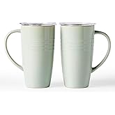 famiware Jupiter Large Coffee Mug, 20oz Coffee Mug with Lid, Ceramic Mugs Set of 2, Cup Set with Handle for Latte, Tea, Cocoa, Milk, Home & Office, Microwave and Dishwasher Safe, Light Green