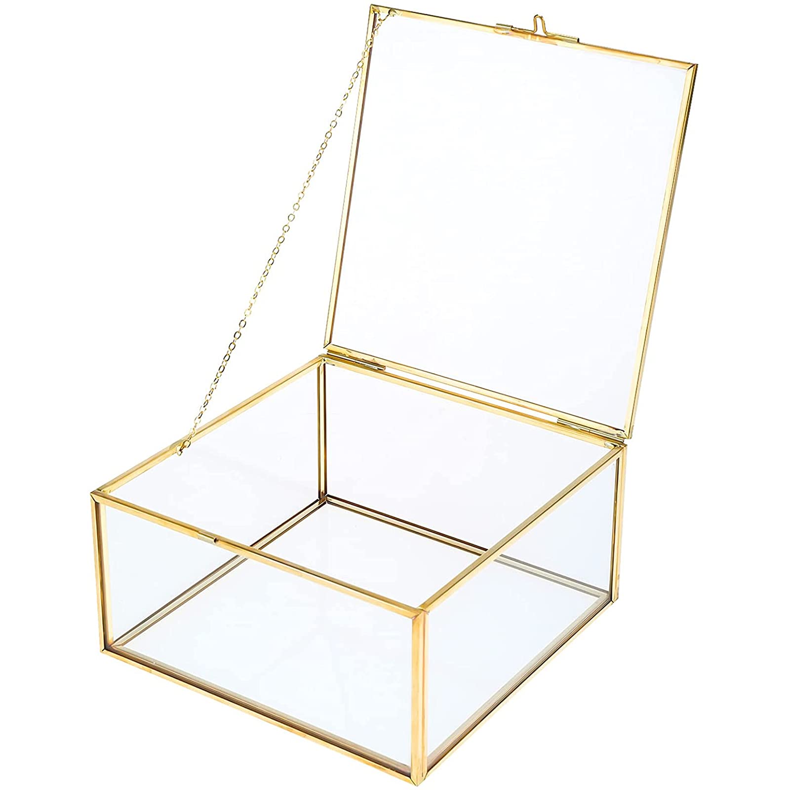 Homtone Copper Golden Vintage Glass Display Box, Decorative Jewelry Keepsake Display Organizer Clear Rectangle Golden Box for Wedding Party (16x16x8cm)