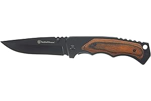 Smith & Wesson 8.5in S.S. Folding Knife with 3.7in Drop Point Blade and S.S. and Real Wood Insert Handle for Outdoor, Tactical, Survival and EDC
