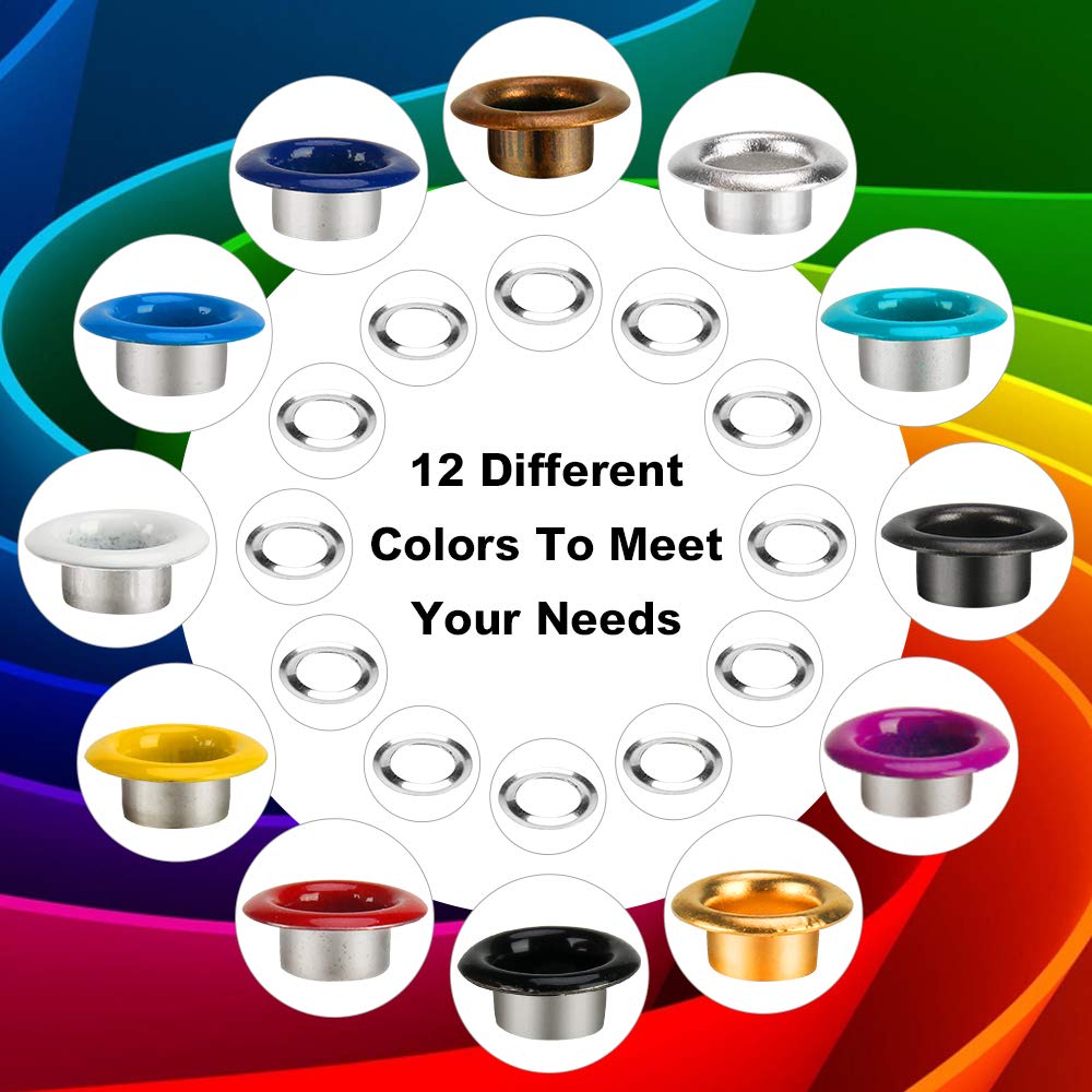Metal Eyelets, 600Pcs 12 Colors 3/16 inch Metal Grommets Kit, Multi-Color Grommets Kit, Metal Eyelets Set with 3 Pieces Installation Tool and Storage Box for DIY Shoes Clothes Crafts Bag