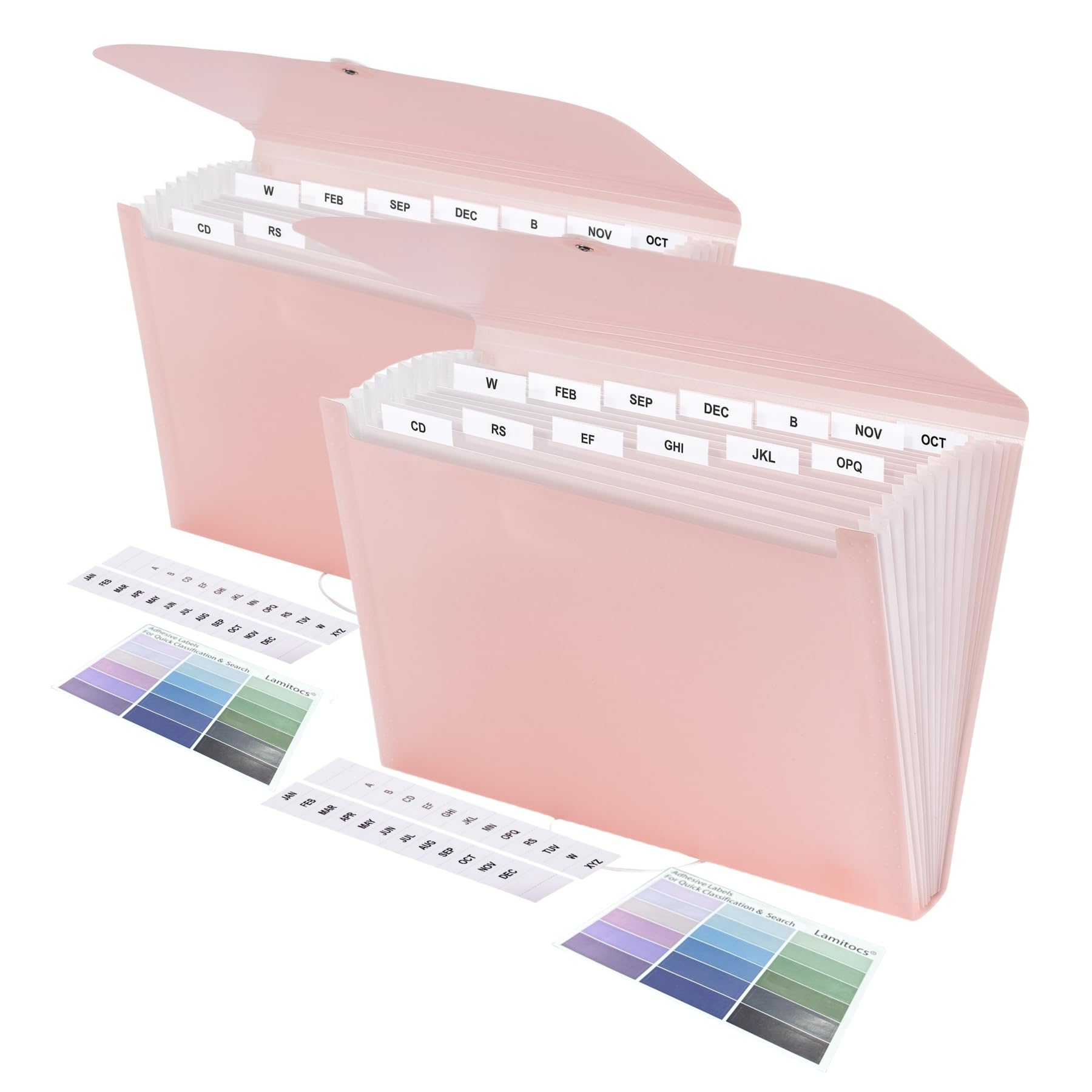 Lamitocs 2 PCS Expanding File Folder A4,13 Pockets File Organiser with Colored Tags, Paperwork A4 Plastic Wallet Document Storage Expander for School,Office and Home, Pink