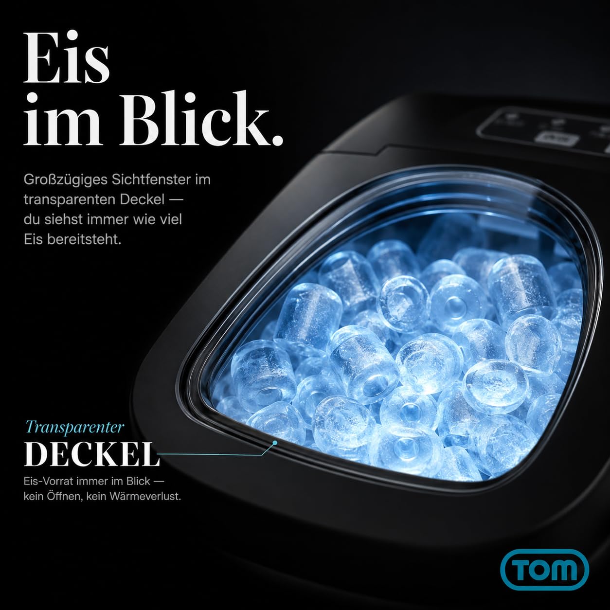 TOM Eiswürfelmaschine – 9 Eiswürfel in 6-8 min – 12 kg/24 h – 2 Würfelgrößen – Ice maker Eiswürfelmacher mit 1,3 l Wassertank – LED-Display – Inkl. Zubehör & Eiszange als Geschenk – Eiswürfelmaschine 3