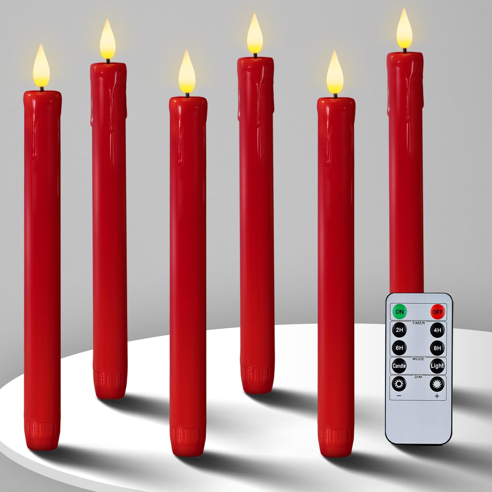 Photo 1 of Homemory 6 Pcs Flameless Taper Candles with Remote Timer Dimmer, Red Battery Operated Candlesticks Flickering, Plastic Led Taper Candles Realistic, 9.6 Inches for Party Holiday Celebrations Christmas
