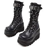 XBKOJBA Women's Goth Punk Platform Boots Chunky Heel Work Combat Boots Fashion Lace-Up Round Toe Mid Calf Motorcycle Boot