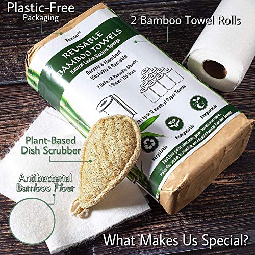 Ksestor Reusable Bamboo Towels 2 Rolls, 40 Sheets Natural Loofah