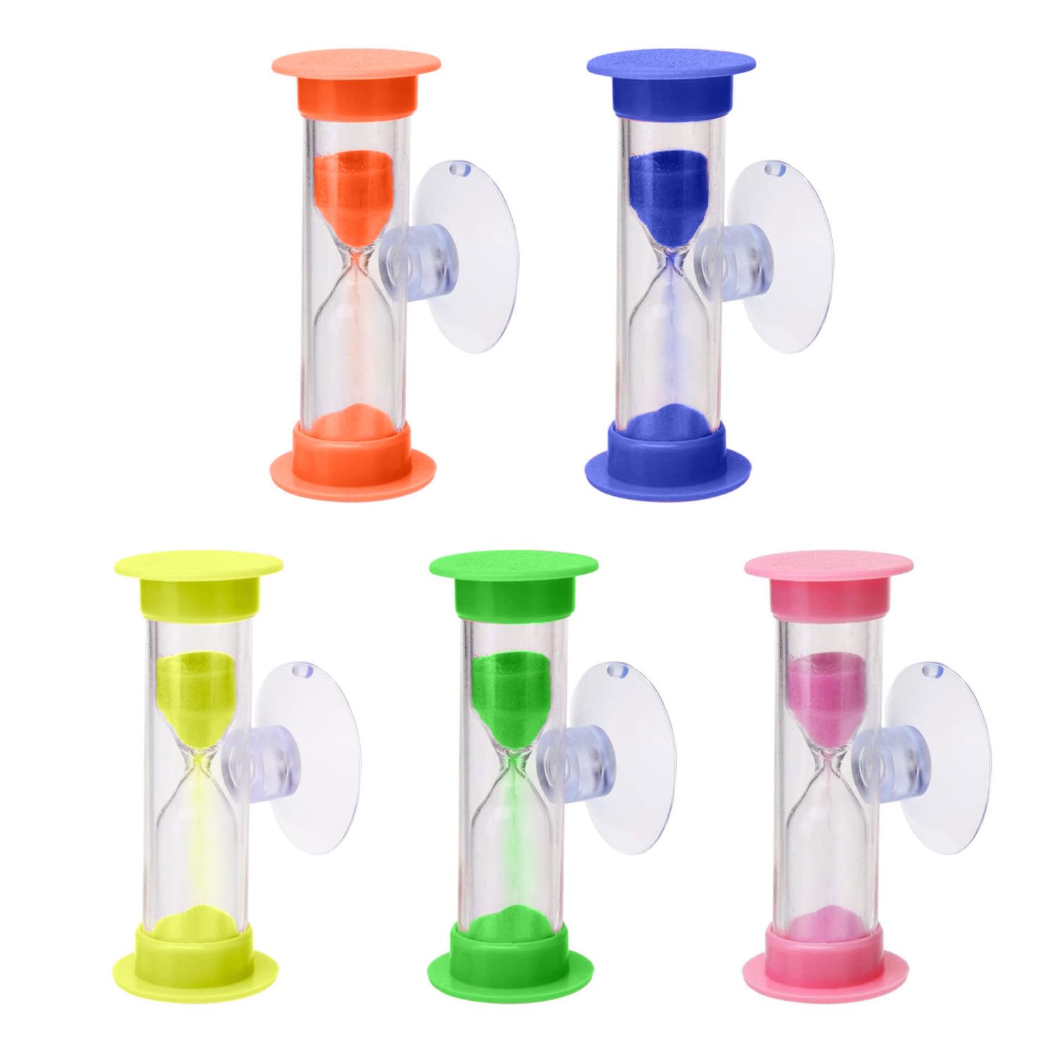 LSYYSL 5-Piece Sand Timer Set with Suction Cup, 2-Minute Countdown Hourglass for Kids, Creative Plastic Sand Timer for Living Room, Bedroom, Desk, Blue, Green, Orange, Pink, Yellow, 3 x 6 cm