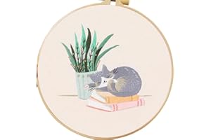 Esffaci Embroidery Starter Kit for Adult Beginner with Sleepy Cat Plant Books Pattern Stamped Cross Stitch Set with Embroidery Cloth Hoop Needle Threader Embroidery Floss and Instruction