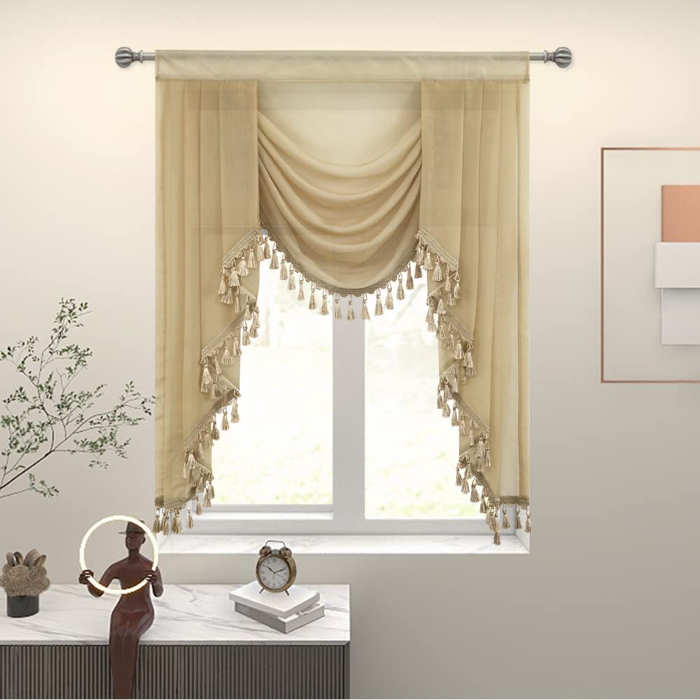 Photo 1 of OYRING Beige Waterfall Sheer Window Curtain Valance for Living Room - Tassels Swag Curtain Valance for Bedroom, Valance for Kitchen, 1 Panel, Width 39 Inch