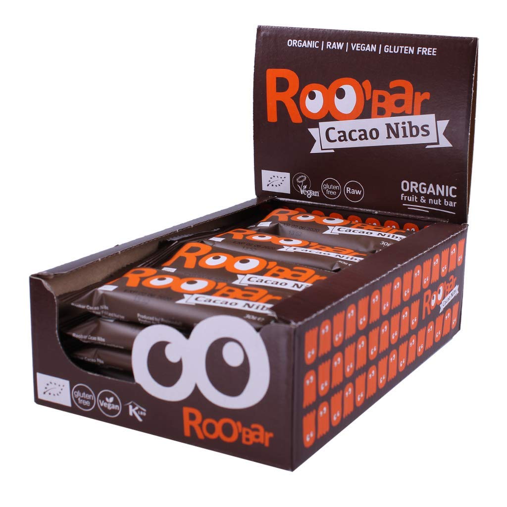 ROO'BAR Cacao Nibs & Almonds - 20 bars (20x 30g) - Raw Superfood Bar (organic, vegan, glutenfree, raw)