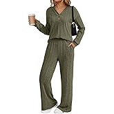 Dokotoo 2 Piece Lounge Sets for Women Ribbed Knit Button V Neck Long Sleeve Tops Matching Pants Pajamas Set 2025 Fall Outfits