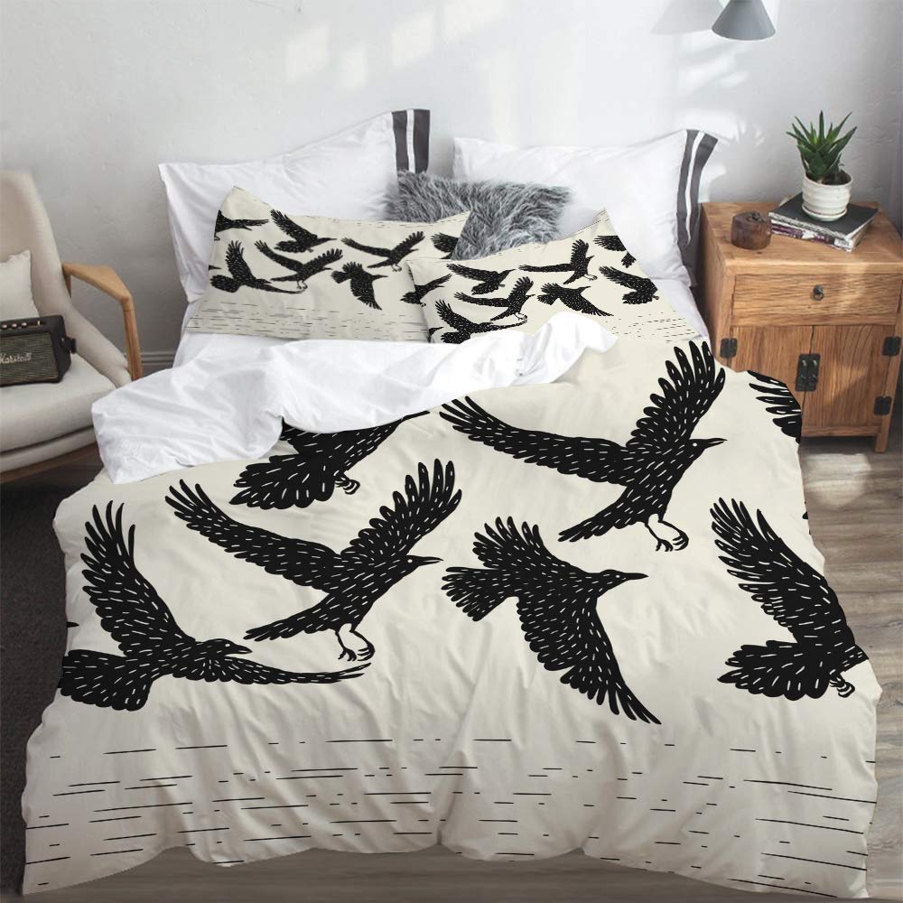 LONSANT Duvet Cover Set King Size Seamless Pattern Black Flying Ravens Hand Light Weight Bedding Set 1 Duvet Cover with 2 Pillowcases