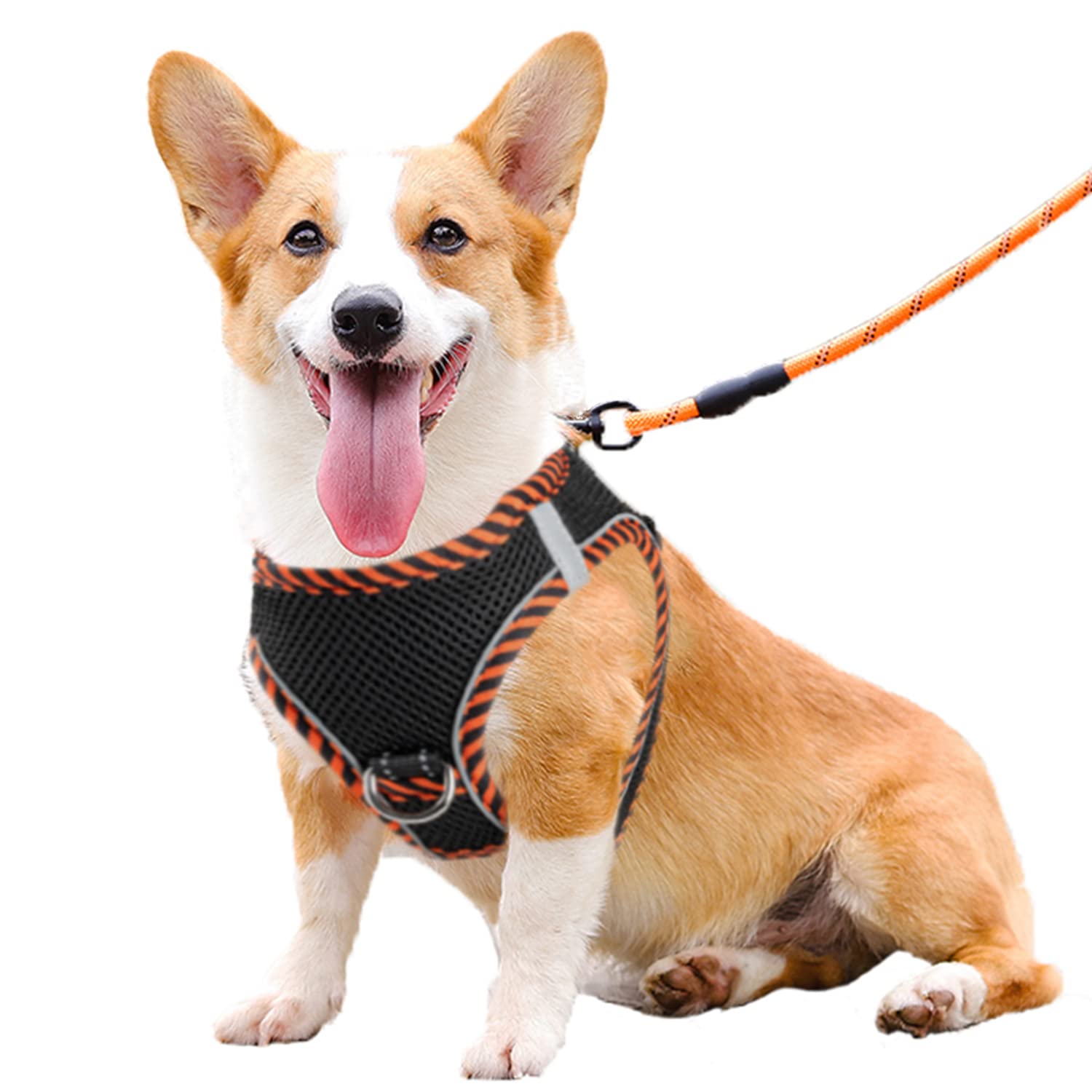 YUDOTE Step-in Reflective Harness Easy-on Easy-off 2-Layer Soft Mesh Vest with ID Tag Holder for Medium Dogs Daily Use,Black with Orange