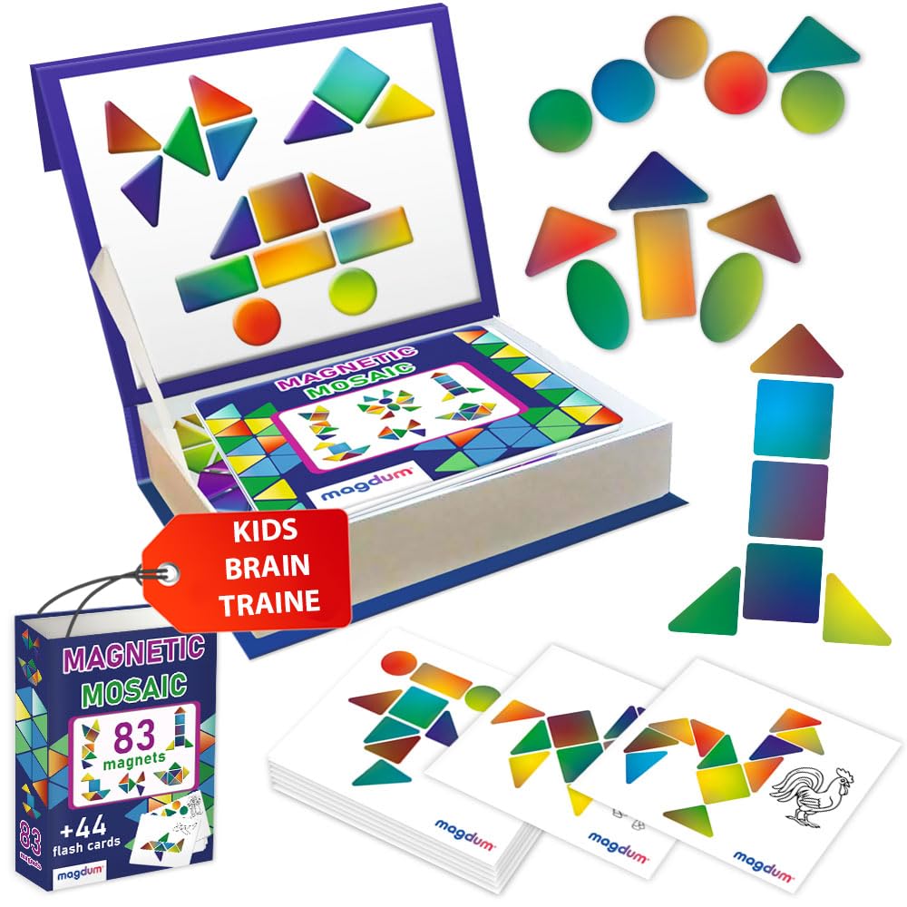 MAGDUM Tangram puzzles for Kids - Magnetic Travel Games for Baby - 83 Pieces Geometric Shapes puzzle - 44 Flashcards Fridge Magnets for Toddler - Magnets Toys Preschool - Kids Safe Educational Magnets — image 1
