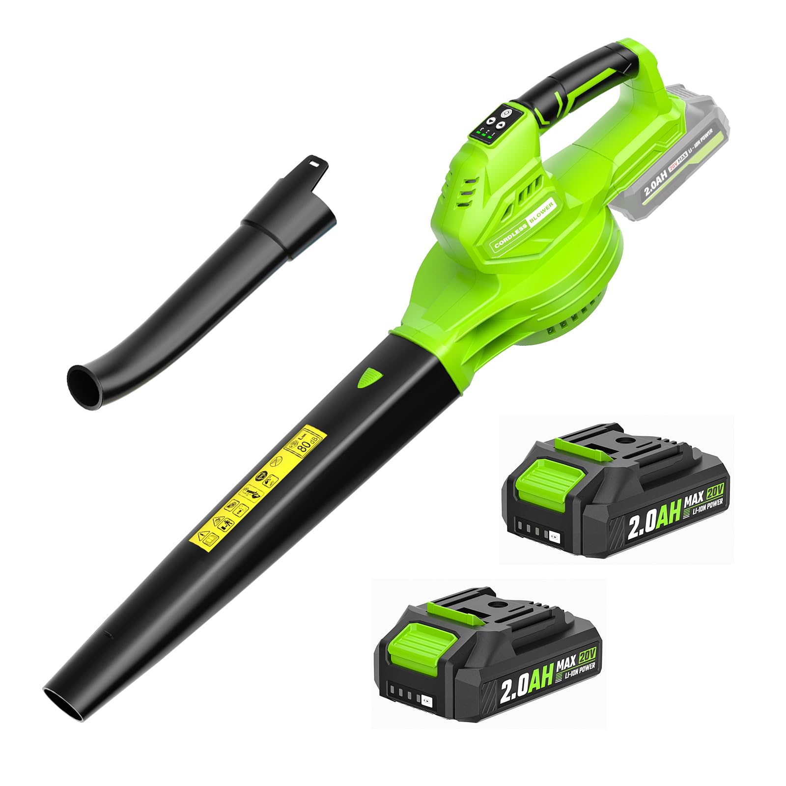 Photo 1 of SEYVUM Cordless Leaf Blower, 20V Blower with 2 X 2.0 Ah Battery, Electric Blower for Lawn Care, 350 CFM 150 MPH Battery Powered Leaf Blower with Charger, for Patio, Garden Cleaning, Green