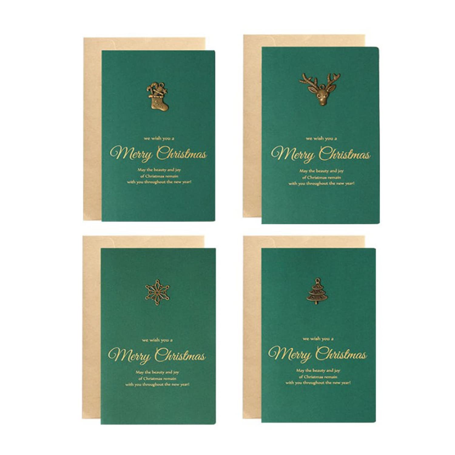 Ninevi 4 pcs Christmas Cards，Merry Christmas Greeting Cards with Envelopes，Deer head, Christmas tree, snowflakes, Christmas boots Cards, for Xmas,New Year