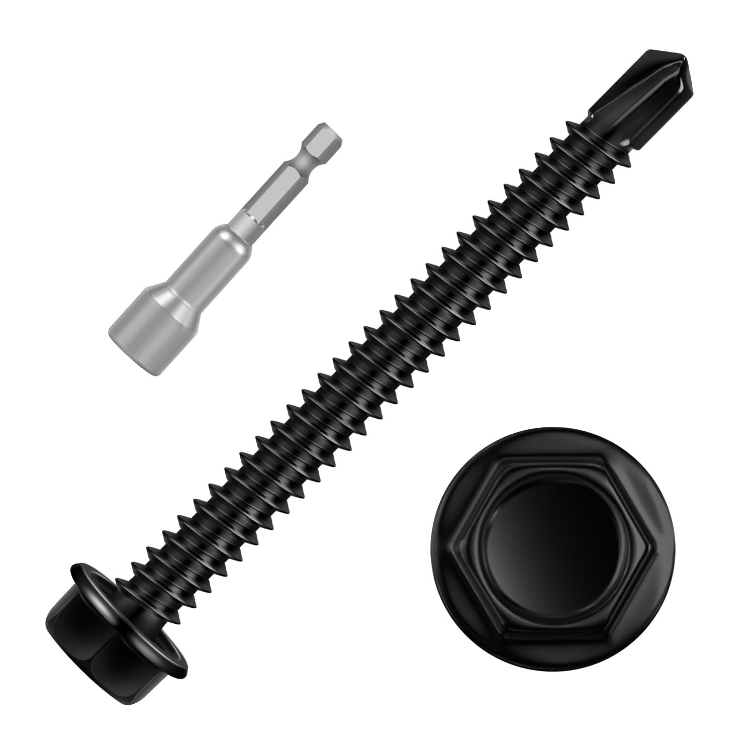 Photo 1 of #14 x 2-1/2" Hex Washer Head Sheet Metal Screws, Black Self Drilling Screw, Flanged Self Tapping Screws, 410 Stainless Steel, Hex Bit Socket Included, 45 PCS