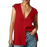 Saodimallsu Womens Deep V Neck Sweater Vest Sleeveless Knit Button Up Loose Fit Cap Sleeve Trendy Summer Tops