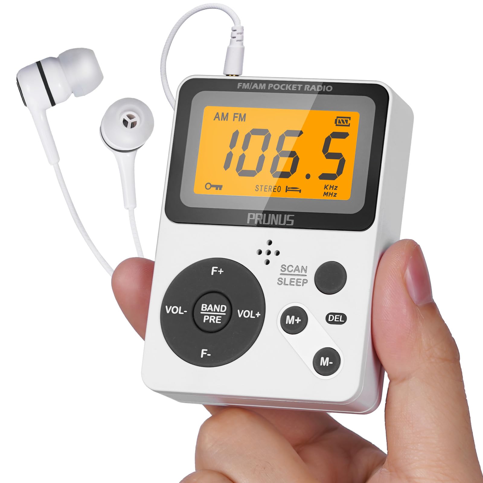Photo 1 of PRUNUS J-159 Pocket AM FM Radio Portable with Stereo Earphone, Battery Operated Radio by 2 AAA, Manual Preset, Large Screen, Lock Key Radios,Sleep Timer,Mini Radios,Digital(No Speaker)
