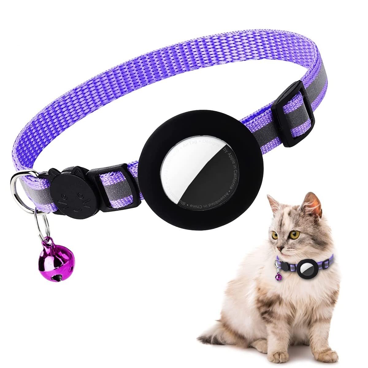 Airtag Cat Collar, Air tag Cat Collar with Bell and Safety Buckle in 3/8" Width, Reflective Collar with Waterproof Airtag Holder Compatible with Apple Airtag for Cat Dog Kitten Puppy (Purple) — image 1