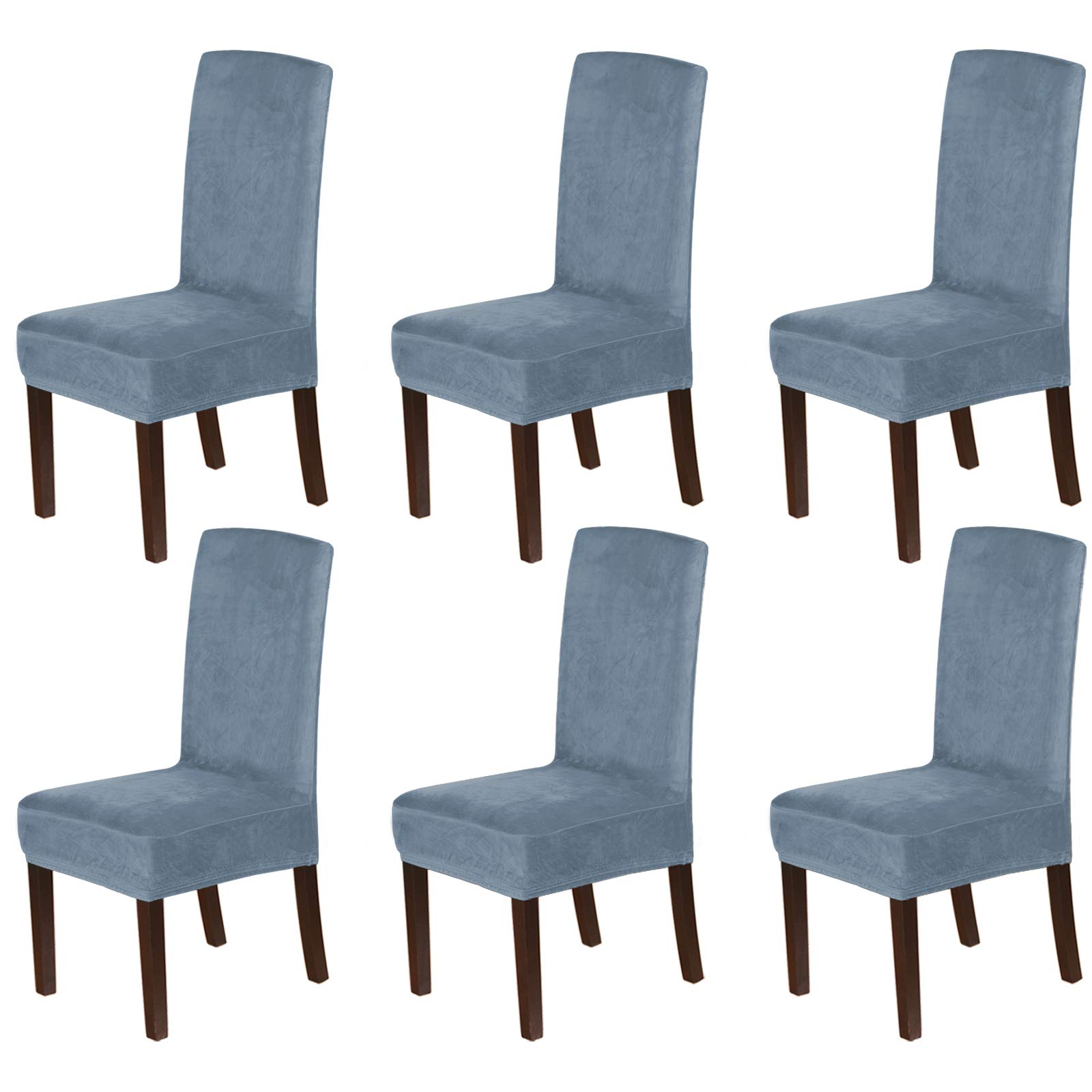 Photo 1 of H.VERSAILTEX Velvet Dining Chair Covers Stretch Chair Covers for Dining Room Set of 6 Parson Chair Slipcovers Chair Protectors Covers Dining, Soft Thick Solid Velvet Fabric Washable, Stone Blue