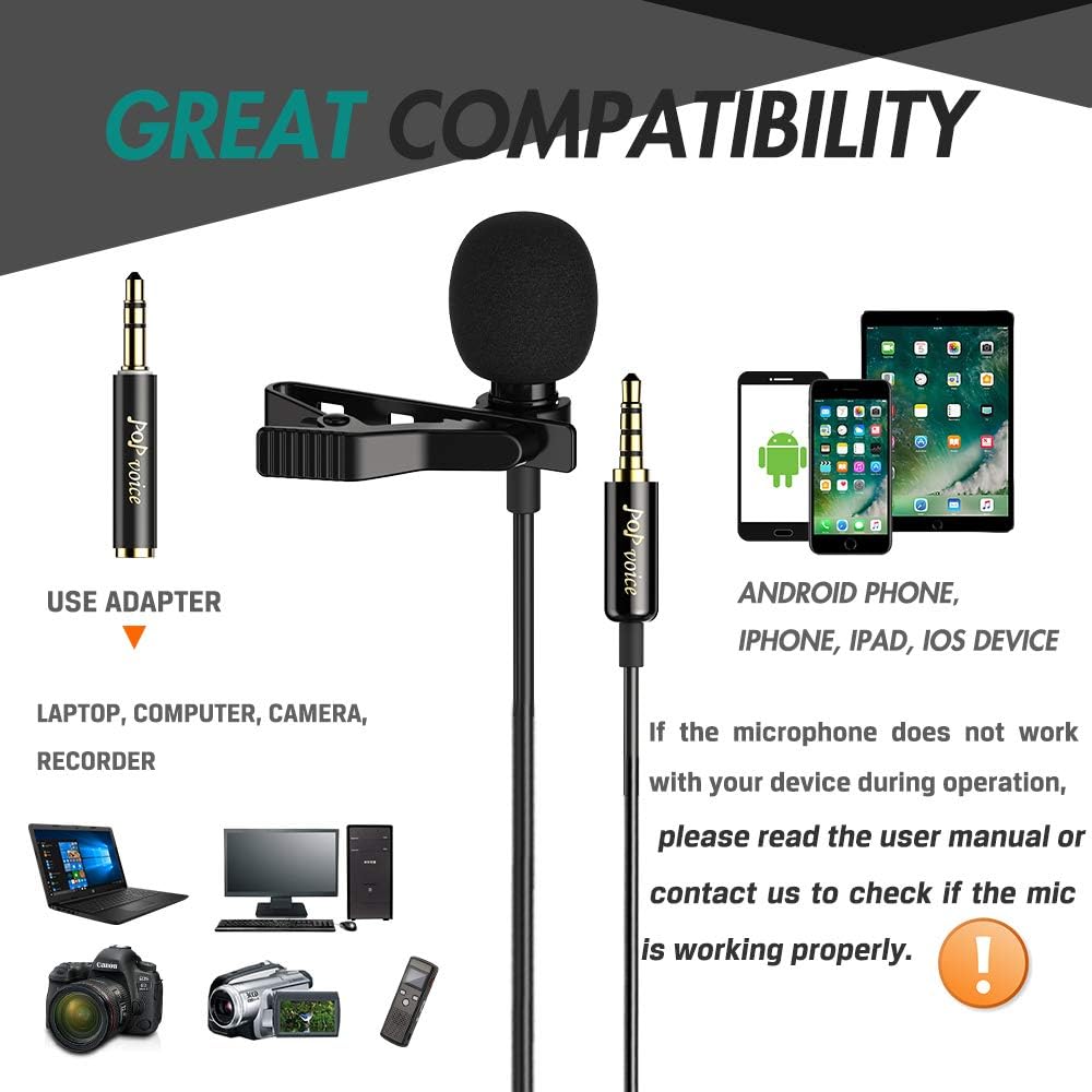 PoP voice Professional Lavalier Lapel Microphone Omnidirectional Condenser Mic for iPhone Android Smartphone,Recording Mic for Youtube,Interview,Video: Musical Instruments