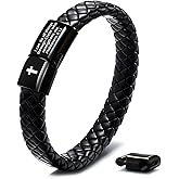 FEEL STYLE Mens Bible Verse Leather Bracelet - Lava Rock Bead Cross Bracelet for Men - Healing Balancing Braided Leather Wristband - Religious Christian Graduation Gift Jewelry for Men