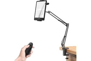 QIWAS Kindle Holder with Remote Page Turner for Reading in Bed, Clicker Page Turner and Stand for Kindle Accessories Paperwhite, Tablet Stand with Lazy Arm for Desk Bed Hand-Free Reading, Gifts for Readers