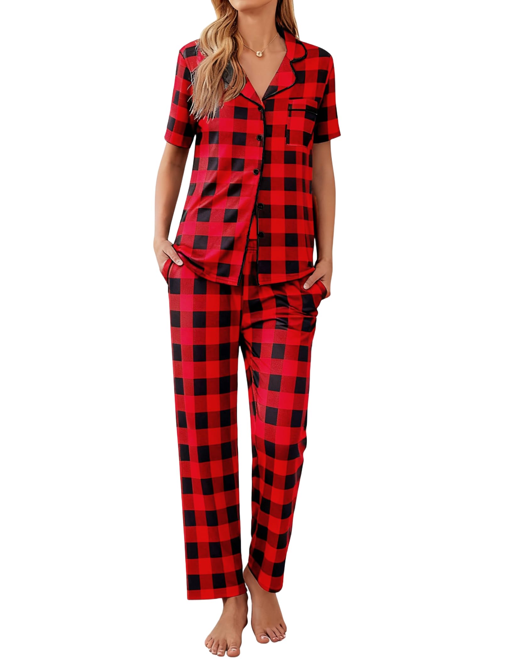 Ekouaer Women Pajamas Set Button Down Sleepwear Short Sleeve Nightwear with Long Pants Soft Pjs Set Red Plaid 1 L Image