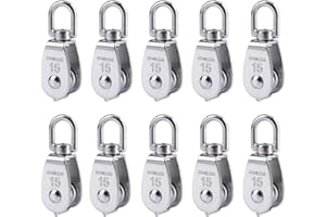 BNYZWOT M15 Single Pulley Snatch Block Lifting Crane Swivel Hook, 304 Stainless Steel, 1/4" Rope x 3/5" Sheave, 80 lbs Load, 10PCS