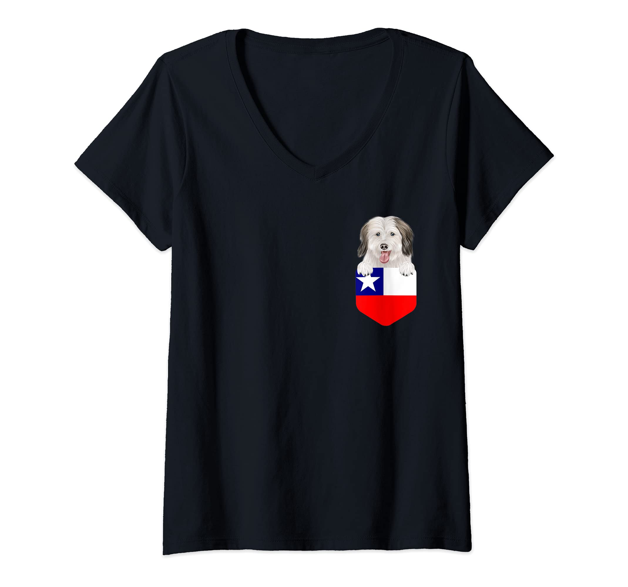 Womens Chile Flag Coton de Tulear Dog In Pocket V-Neck T-Shirt