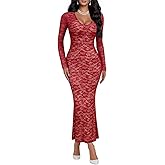 ABKY Women Bodycon Maxi Dress V Neck Long Sleeve Floral Sexy Lace Dresses Cocktail Wedding Guest Party Date Night Outfits