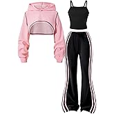 SweatyRocks Girl's 3 Piece Outfits Crop Hoodie Camisole and Striped Pants Matching Sets